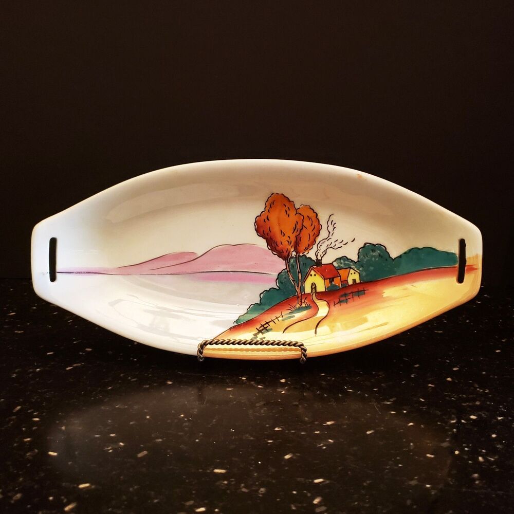 Hand Painted Lusterware Oval Dish Tray Scenic Landscape Cottage Vintage